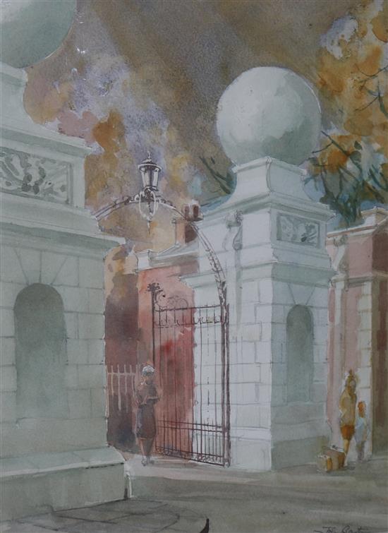 John Bastin (b.1929) , watercolour, Entrance gates to a building, 14.5 x 10.5ins